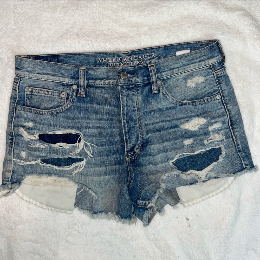 American Eagle Outfitters Distressed Blue Denim High Waist Shorts
